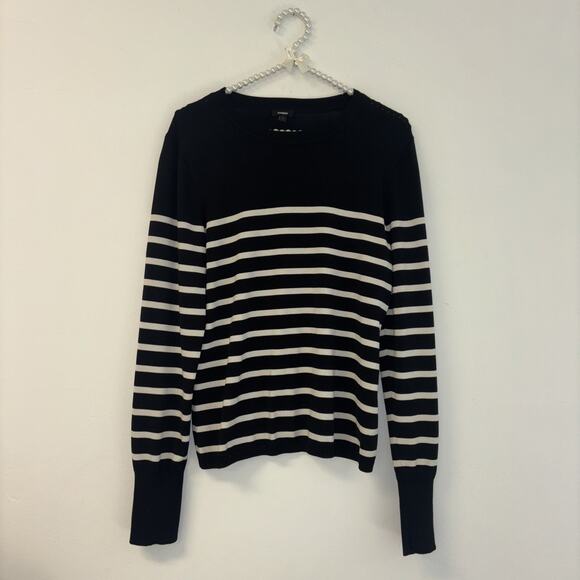 Express Sz Lg Nautical Boating Black White Striped Coastal Basic Sweater Crew - Picture 3 of 9